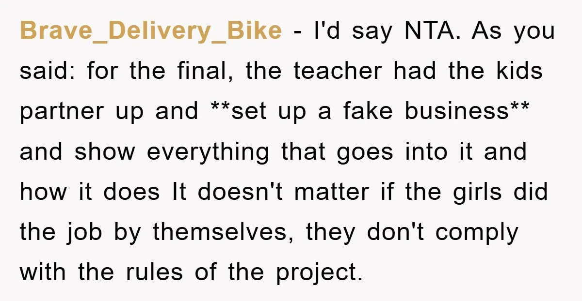 Brave_Delivery_Bike − I'd say NTA. As you said: for the final, the teacher had the kids partner up and **set up a fake business** and show everything that goes into...