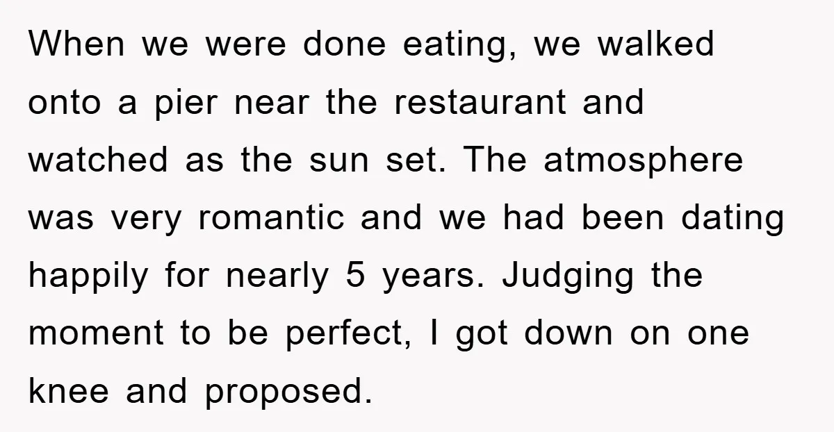 When we were done eating, we walked onto a pier near the restaurant and watched as the sun set. The atmosphere was very romantic and we had been dating happily...