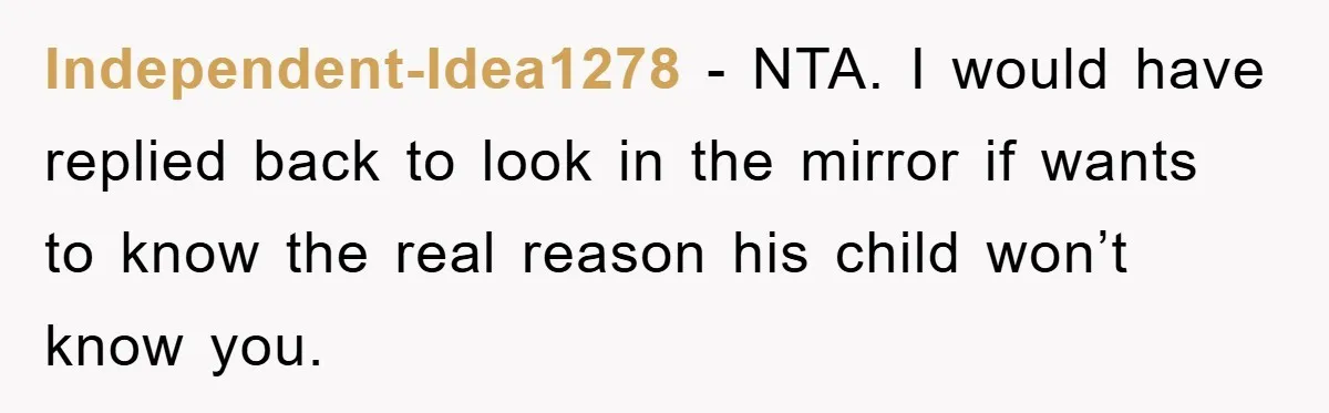 Independent-Idea1278 - NTA. I would have replied back to look in the mirror if wants to know the real reason his child won’t know you.
