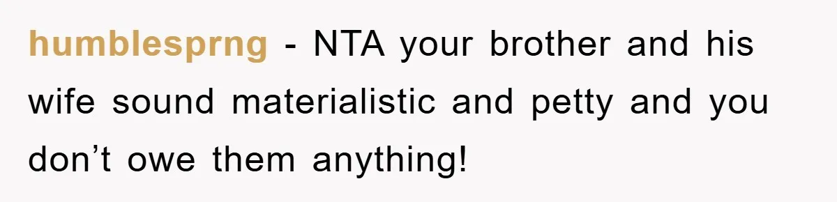 humblesprng - NTA your brother and his wife sound materialistic and petty and you don’t owe them anything!