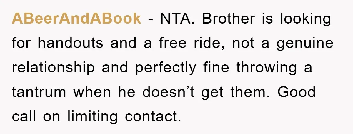 ABeerAndABook - NTA. Brother is looking for handouts and a free ride, not a genuine relationship and perfectly fine throwing a tantrum when he doesn’t get them. Good call on...