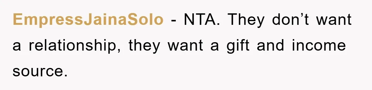 EmpressJainaSolo - NTA. They don’t want a relationship, they want a gift and income source.