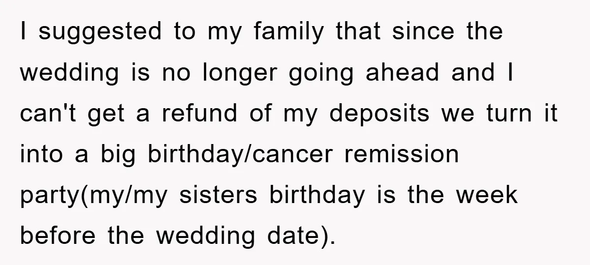 I suggested to my family that since the wedding is no longer going ahead and I can't get a refund of my deposits we turn it into a big birthday/cancer...