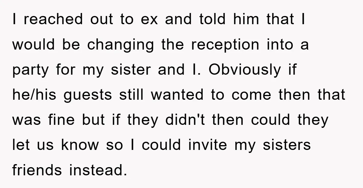 I reached out to ex and told him that I would be changing the reception into a party for my sister and I. Obviously if he/his guests still wanted to...