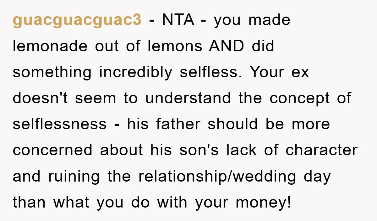 guacguacguac3 - NTA - you made lemonade out of lemons AND did something incredibly selfless. Your ex doesn't seem to understand the concept of selflessness - his father should be...
