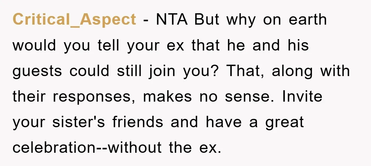 Critical_Aspect - NTA But why on earth would you tell your ex that he and his guests could still join you? That, along with their responses, makes no sense. Invite...
