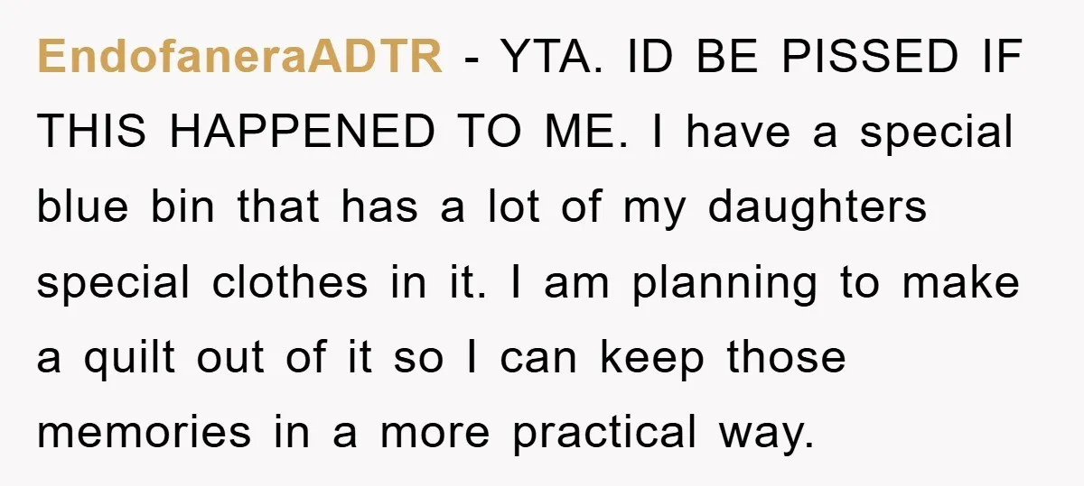 EndofaneraADTR − YTA. ID BE PISSED IF THIS HAPPENED TO ME. I have a special blue bin that has a lot of my daughters special clothes in it. I am...