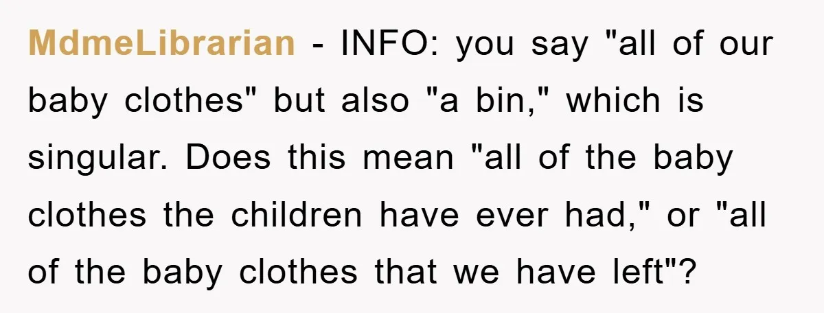 MdmeLibrarian − INFO: you say "all of our baby clothes" but also "a bin," which is singular. Does this mean "all of the baby clothes the children have ever had,"...
