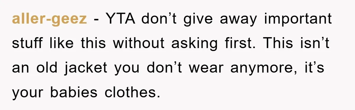 aller-geez − YTA don’t give away important stuff like this without asking first. This isn’t an old jacket you don’t wear anymore, it’s your babies clothes.