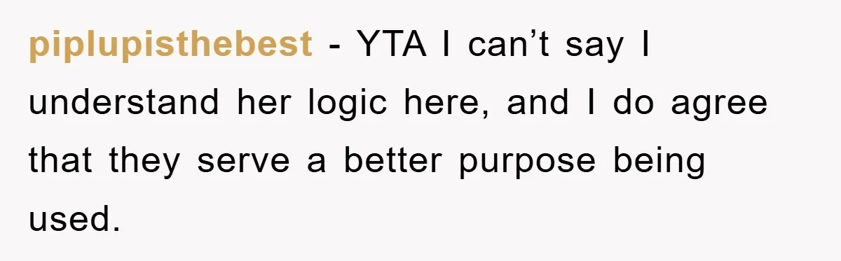 piplupisthebest − YTA I can’t say I understand her logic here, and I do agree that they serve a better purpose being used.