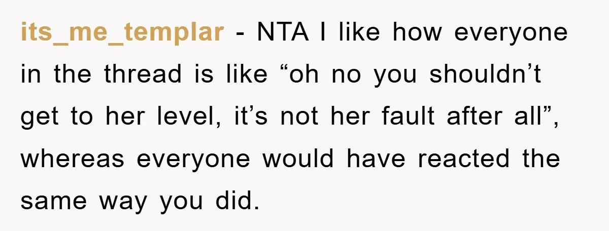 its_me_templar - NTA I like how everyone in the thread is like “oh no you shouldn’t get to her level, it’s not her fault after all”, whereas everyone would have...