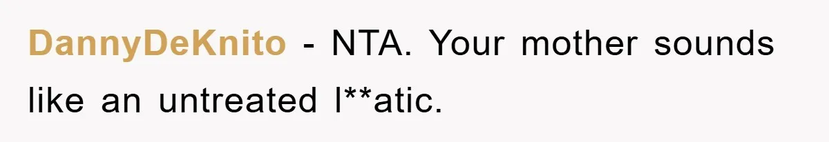 DannyDeKnito − NTA. Your mother sounds like an untreated l**atic.