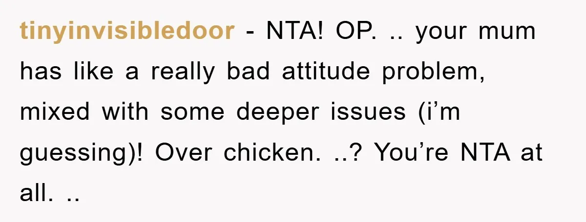 tinyinvisibledoor − NTA! OP. .. your mum has like a really bad attitude problem, mixed with some deeper issues (i’m guessing)! Over chicken. ..? You’re NTA at all. ..