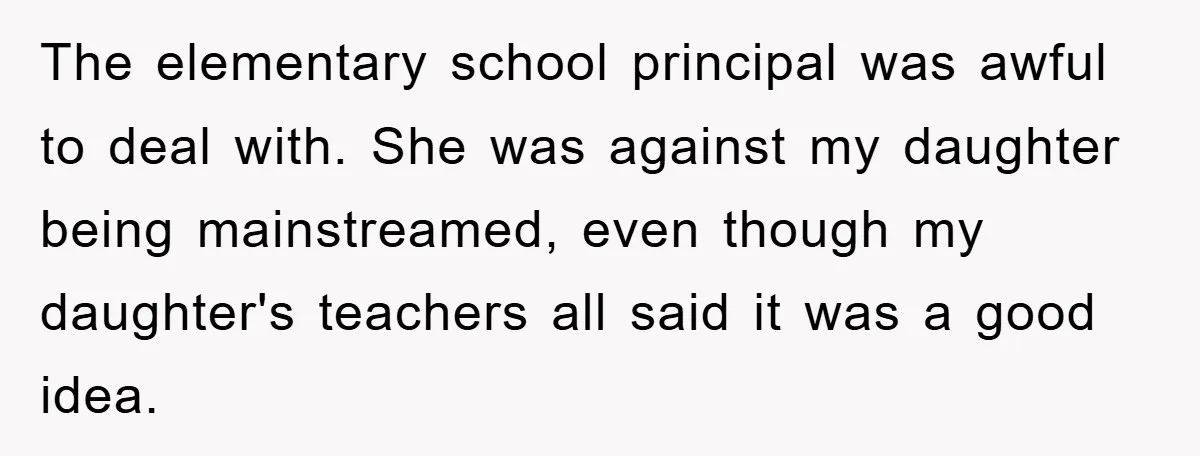 The elementary school principal was awful to deal with. She was against my daughter being mainstreamed, even though my daughter's teachers all said it was a good idea.