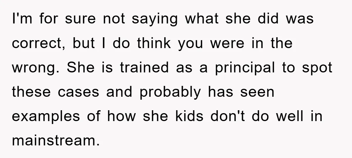 I'm for sure not saying what she did was correct, but I do think you were in the wrong. She is trained as a principal to spot these cases and...
