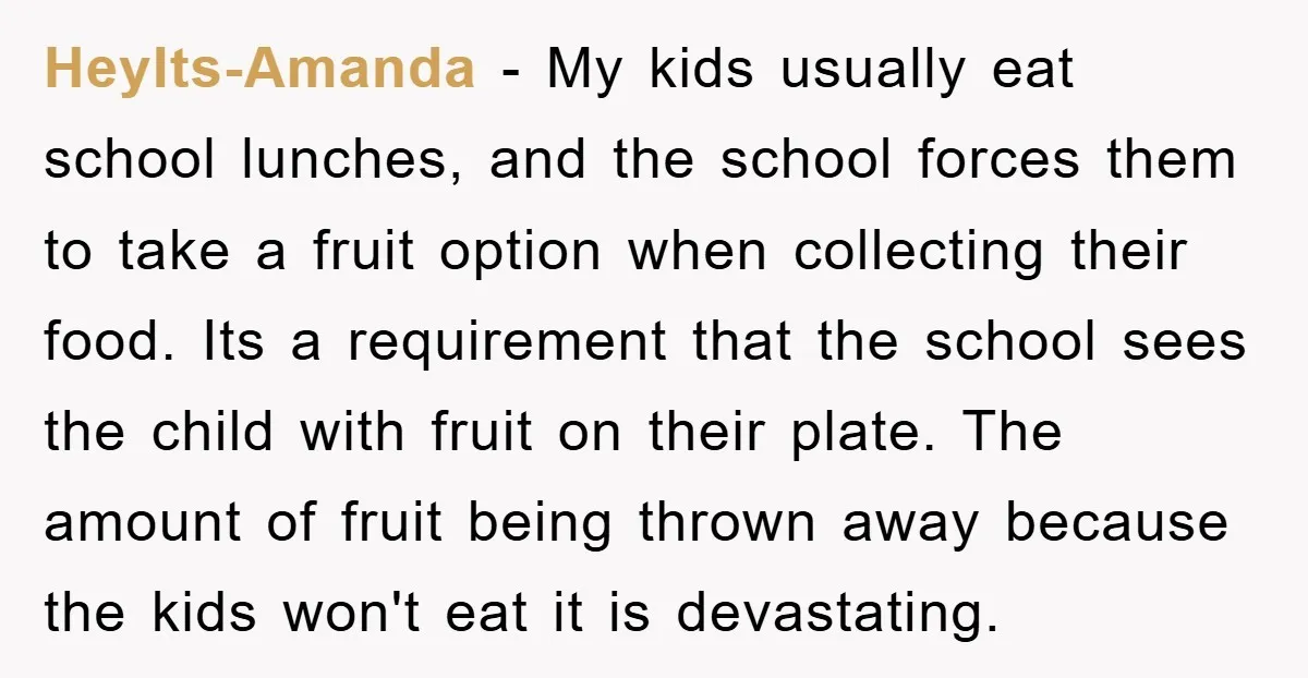HeyIts-Amanda − My kids usually eat school lunches, and the school forces them to take a fruit option when collecting their food. Its a requirement that the school sees the...