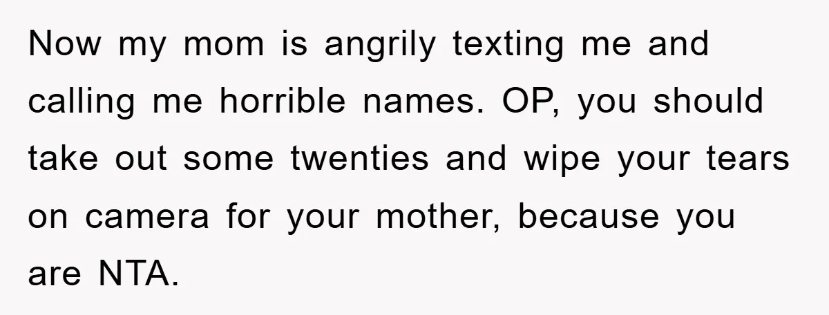 Now my mom is angrily texting me and calling me horrible names. OP, you should take out some twenties and wipe your tears on camera for your mother, because you...