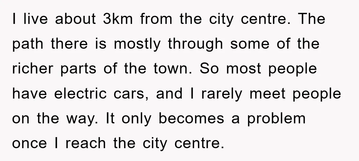 I live about 3km from the city centre. The path there is mostly through some of the richer parts of the town. So most people have electric cars, and I...