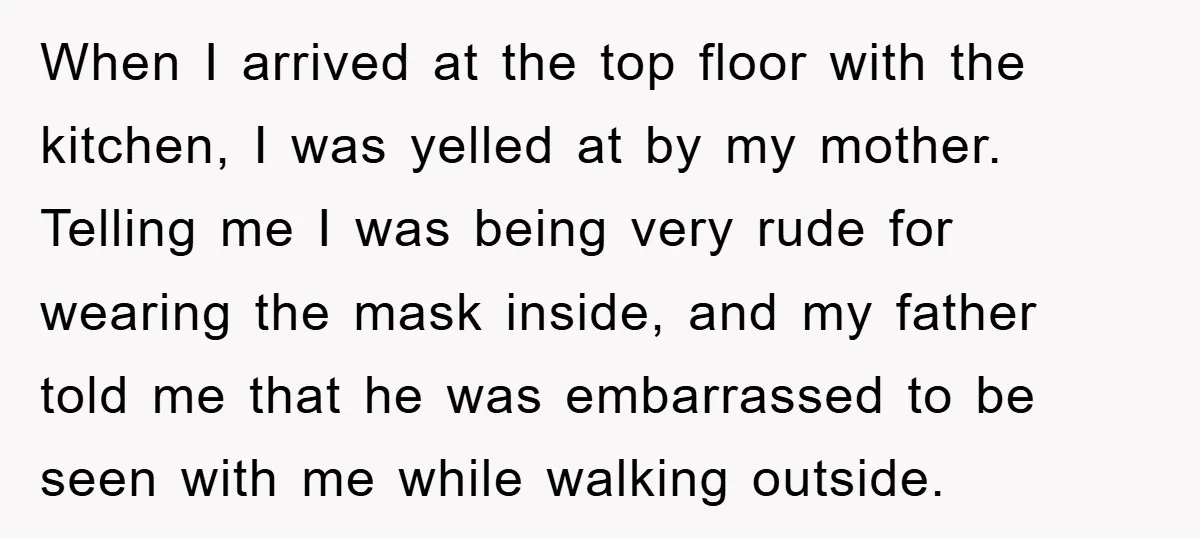 When I arrived at the top floor with the kitchen, I was yelled at by my mother. Telling me I was being very rude for wearing the mask inside, and...