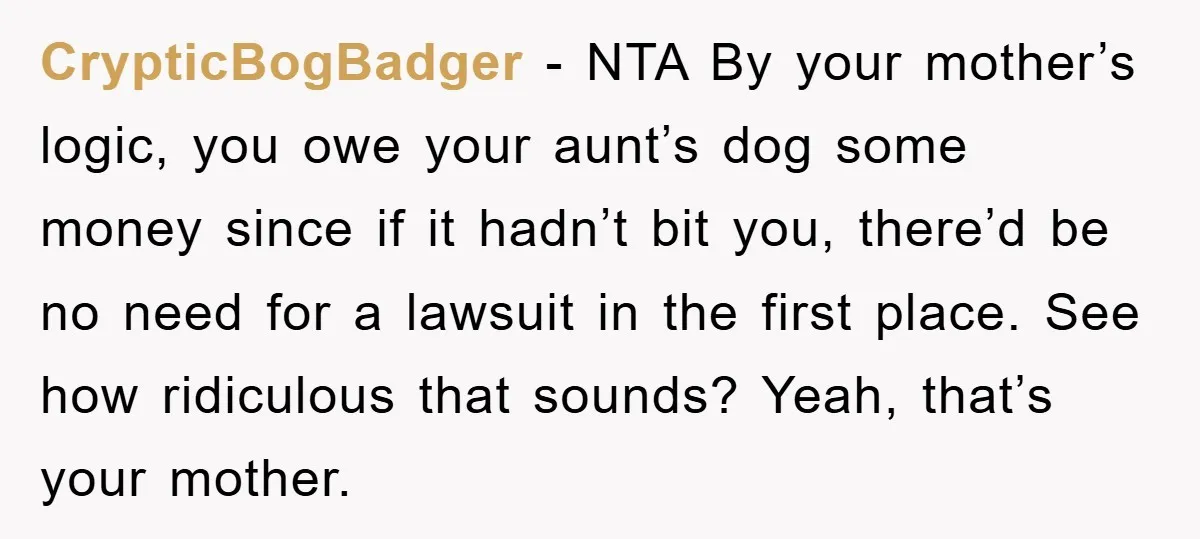 CrypticBogBadger - NTA By your mother’s logic, you owe your aunt’s dog some money since if it hadn’t bit you, there’d be no need for a lawsuit in the first...