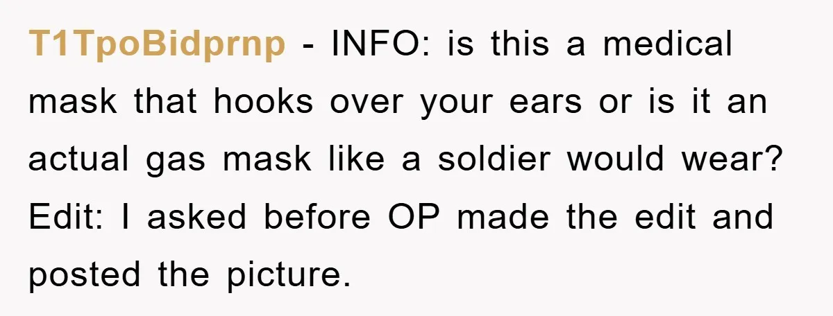 T1TpoBidprnp − INFO: is this a medical mask that hooks over your ears or is it an actual gas mask like a soldier would wear? Edit: I asked before OP...