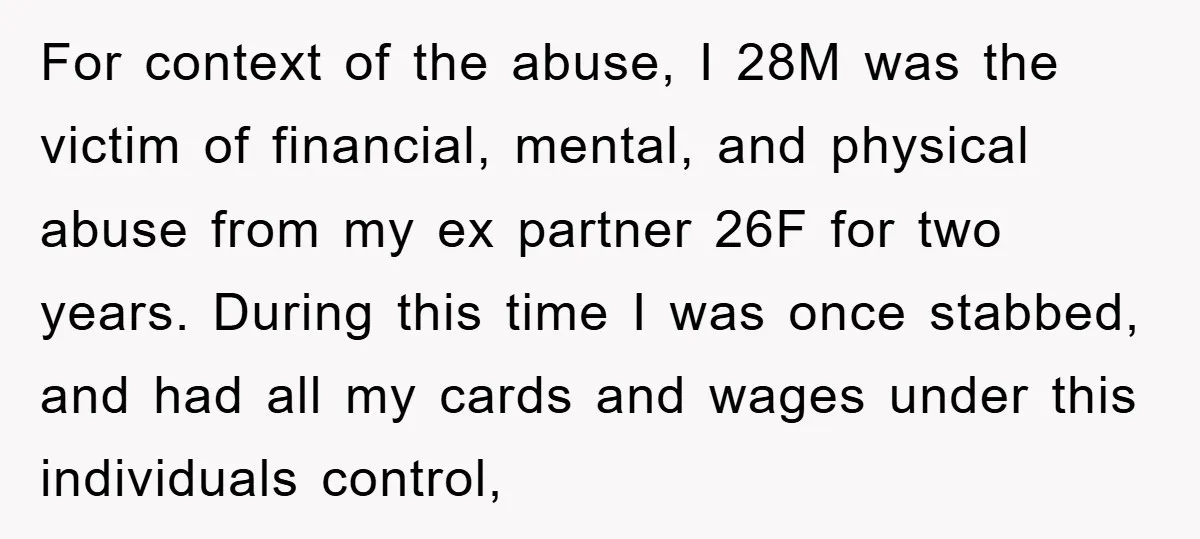 For context of the abuse, I 28M was the victim of financial, mental, and physical abuse from my ex partner 26F for two years. During this time I was once...