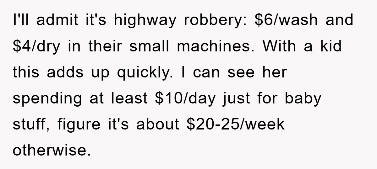 I'll admit it's highway robbery: $6/wash and $4/dry in their small machines. With a kid this adds up quickly. I can see her spending at least $10/day just for baby...