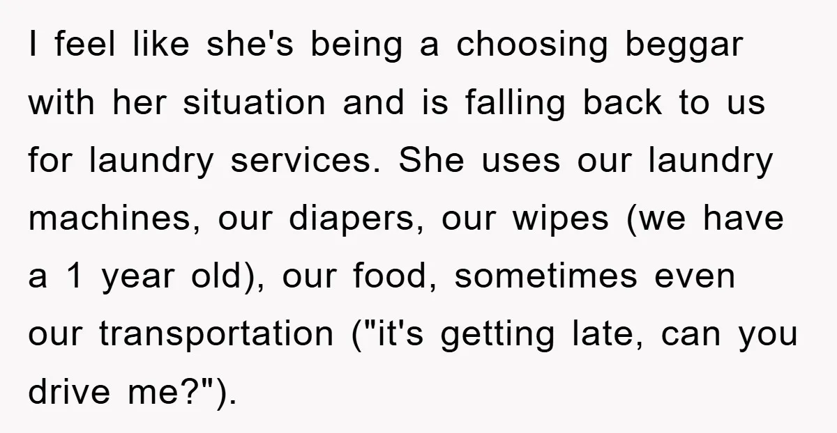 I feel like she's being a choosing beggar with her situation and is falling back to us for laundry services. She uses our laundry machines, our diapers, our wipes (we...
