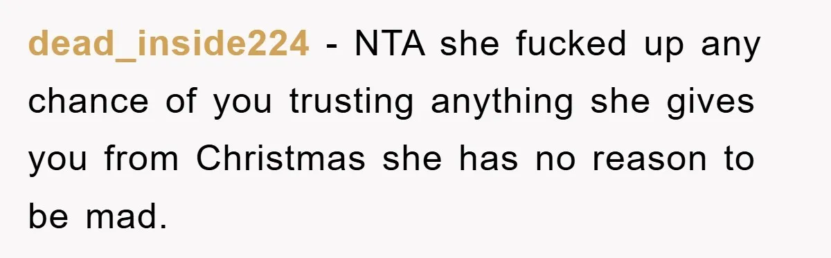 dead_inside224 − NTA she fucked up any chance of you trusting anything she gives you from Christmas she has no reason to be mad.