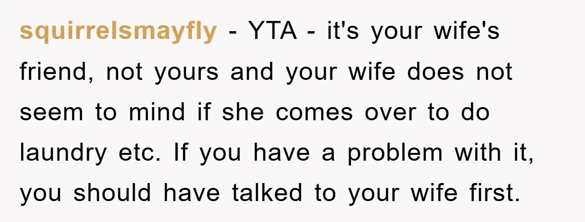 squirrelsmayfly - YTA - it's your wife's friend, not yours and your wife does not seem to mind if she comes over to do laundry etc. If you have a...