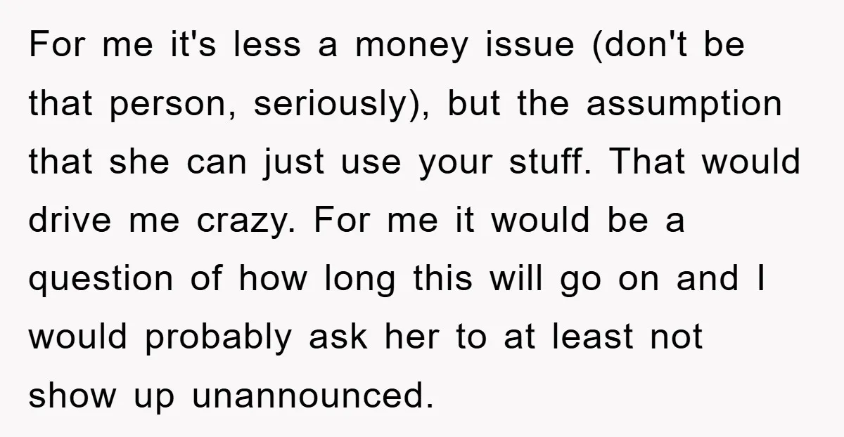 For me it's less a money issue (don't be that person, seriously), but the assumption that she can just use your stuff. That would drive me crazy. For me it...