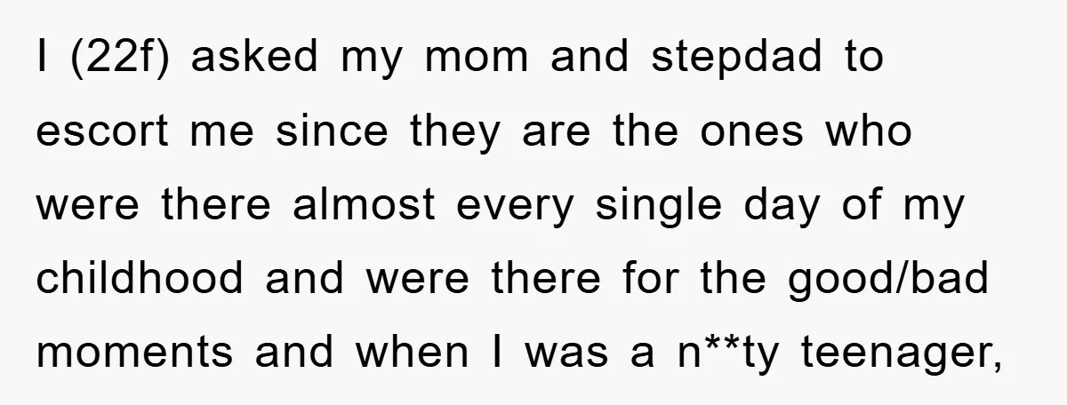 I (22f) asked my mom and stepdad to escort me since they are the ones who were there almost every single day of my childhood and were there for the...