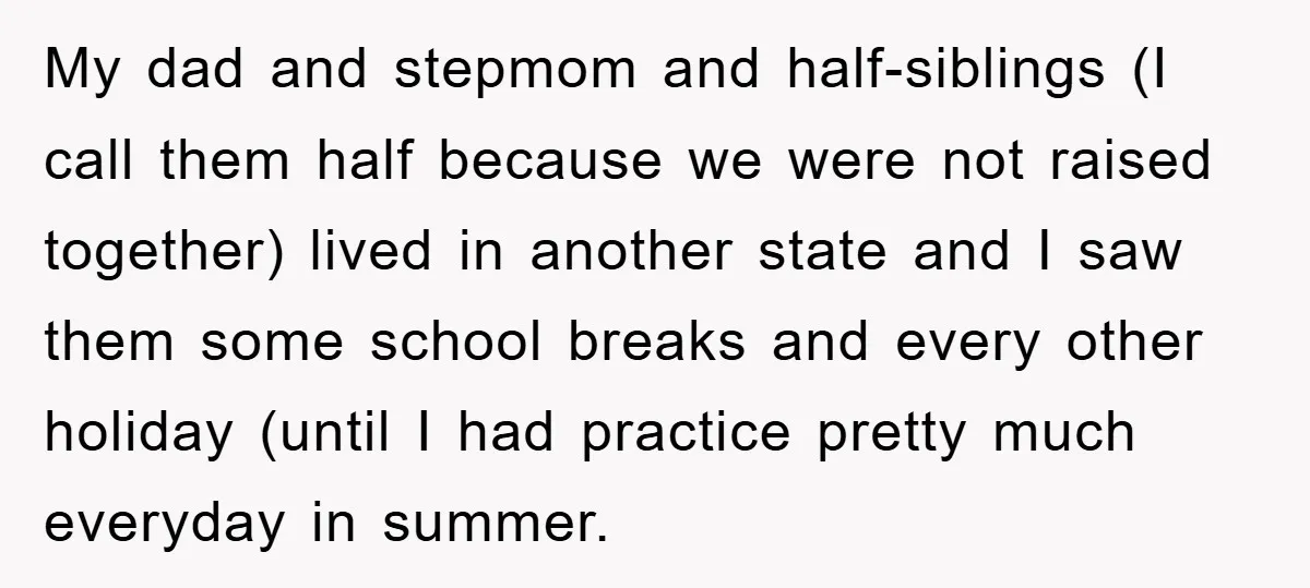 My dad and stepmom and half-siblings (I call them half because we were not raised together) lived in another state and I saw them some school breaks and every other...