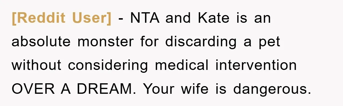 [Reddit User] − NTA and Kate is an absolute monster for discarding a pet without considering medical intervention OVER A DREAM. Your wife is dangerous.