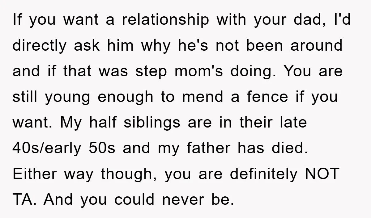 If you want a relationship with your dad, I'd directly ask him why he's not been around and if that was step mom's doing. You are still young enough to...