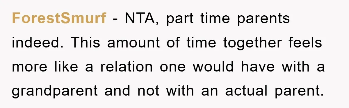ForestSmurf - NTA, part time parents indeed. This amount of time together feels more like a relation one would have with a grandparent and not with an actual parent.
