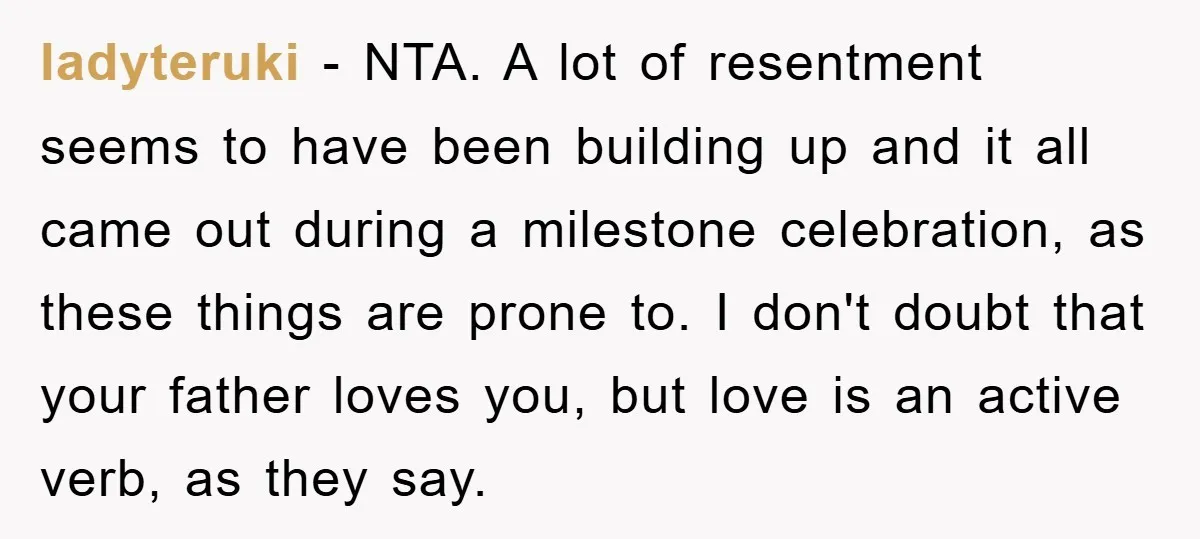 ladyteruki - NTA. A lot of resentment seems to have been building up and it all came out during a milestone celebration, as these things are prone to. I don't...