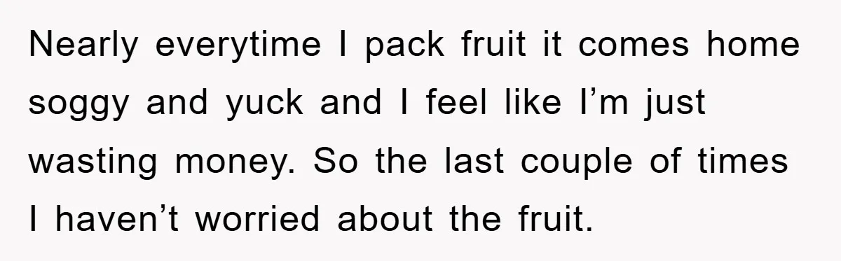Nearly everytime I pack fruit it comes home soggy and yuck and I feel like I’m just wasting money. So the last couple of times I haven’t worried about the...