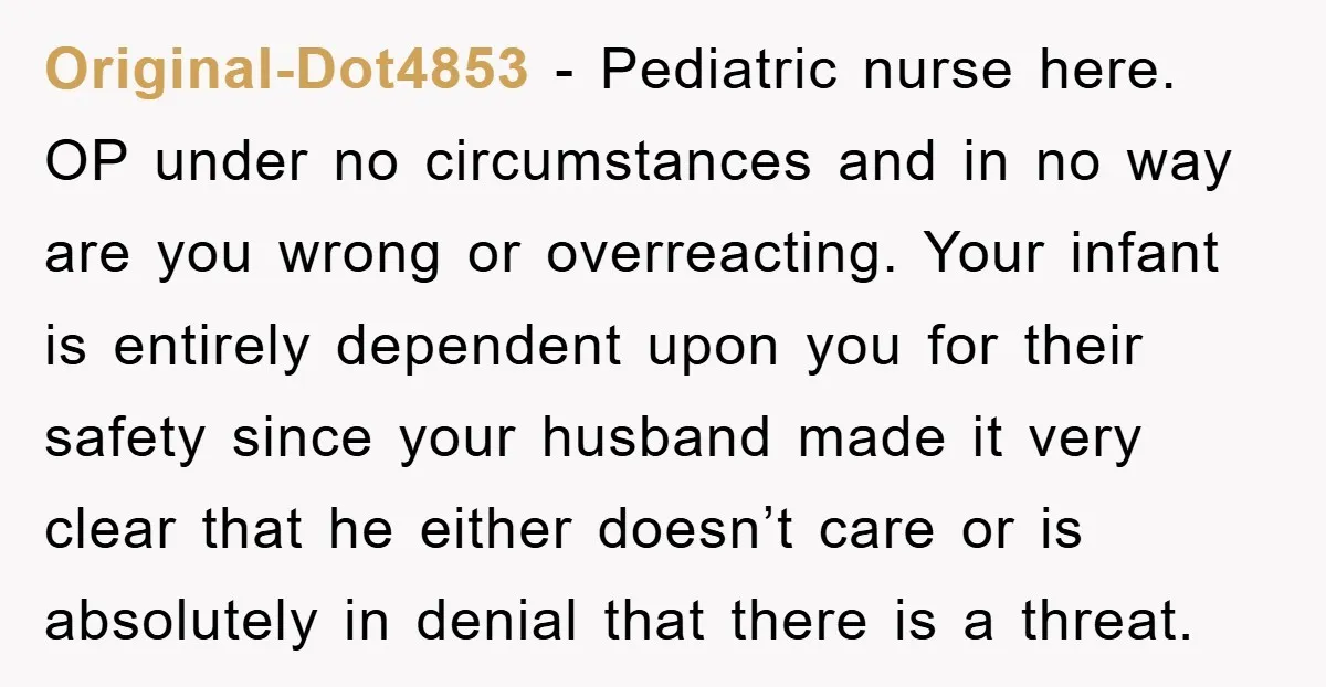 Original-Dot4853 − Pediatric nurse here. OP under no circumstances and in no way are you wrong or overreacting. Your infant is entirely dependent upon you for their safety since your...