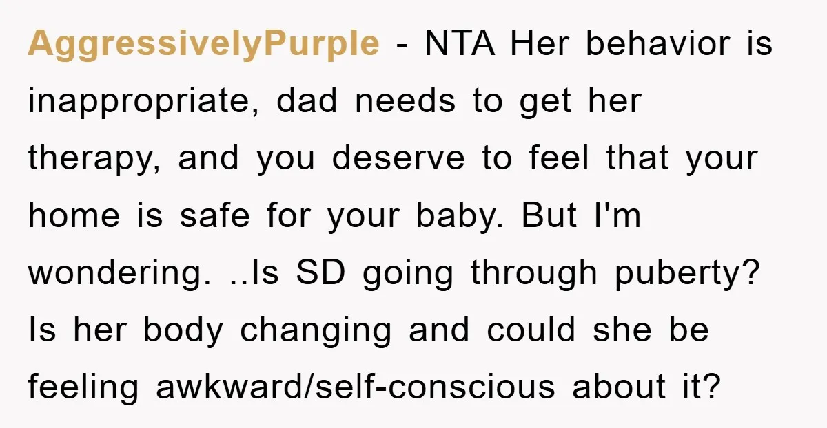 AggressivelyPurple − NTA Her behavior is inappropriate, dad needs to get her therapy, and you deserve to feel that your home is safe for your baby. But I'm wondering. ..Is...