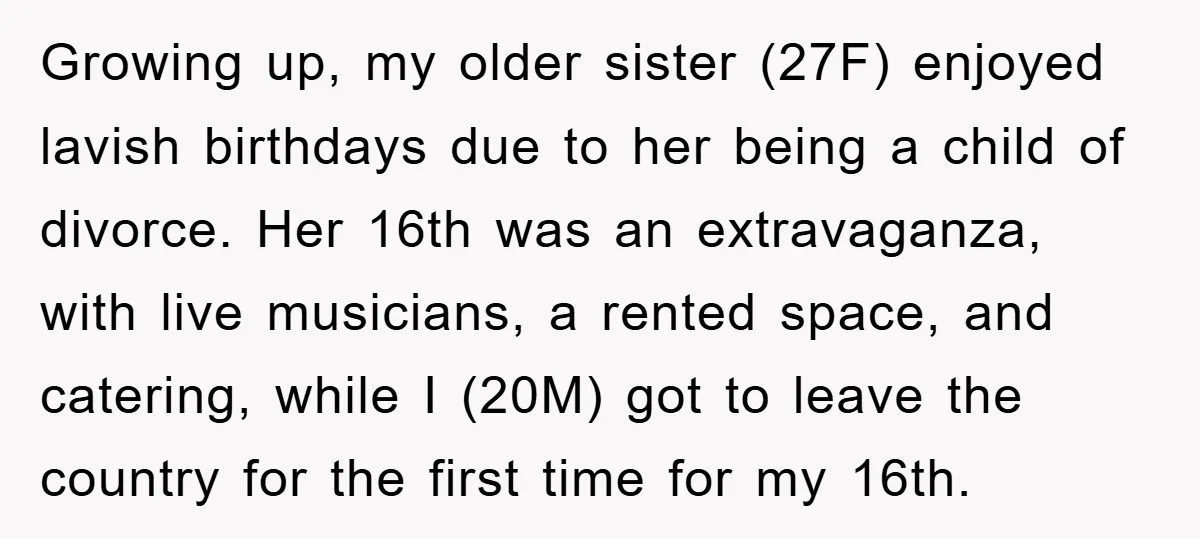Growing up, my older sister (27F) enjoyed lavish birthdays due to her being a child of divorce. Her 16th was an extravaganza, with live musicians, a rented space, and catering,...