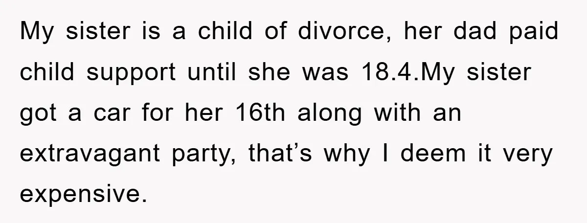 My sister is a child of divorce, her dad paid child support until she was 18.4.My sister got a car for her 16th along with an extravagant party, that’s why...