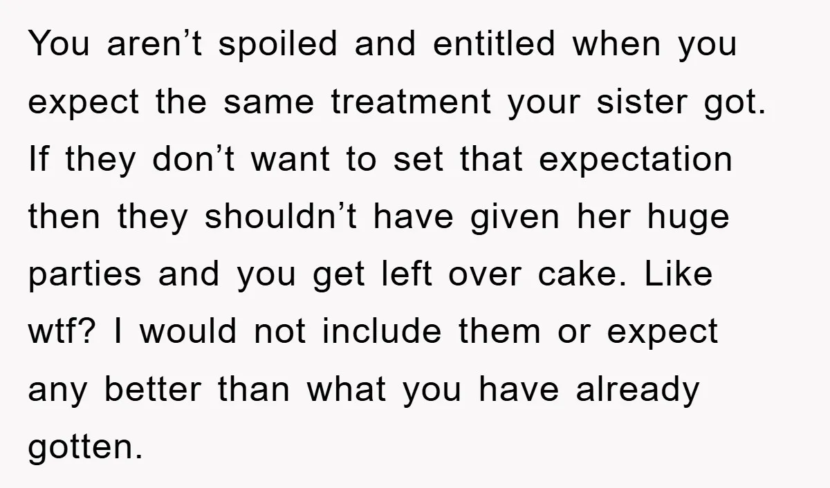 You aren’t spoiled and entitled when you expect the same treatment your sister got. If they don’t want to set that expectation then they shouldn’t have given her huge parties...