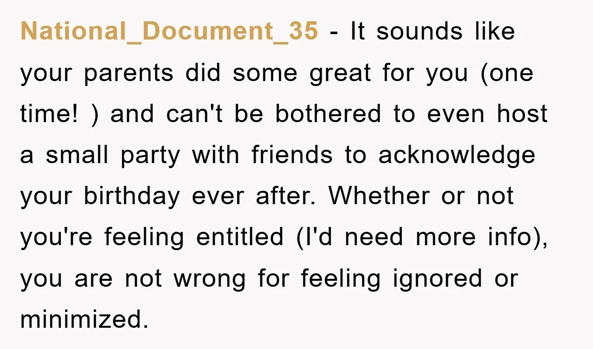 National_Document_35 - It sounds like your parents did some great for you (one time! ) and can't be bothered to even host a small party with friends to acknowledge your...