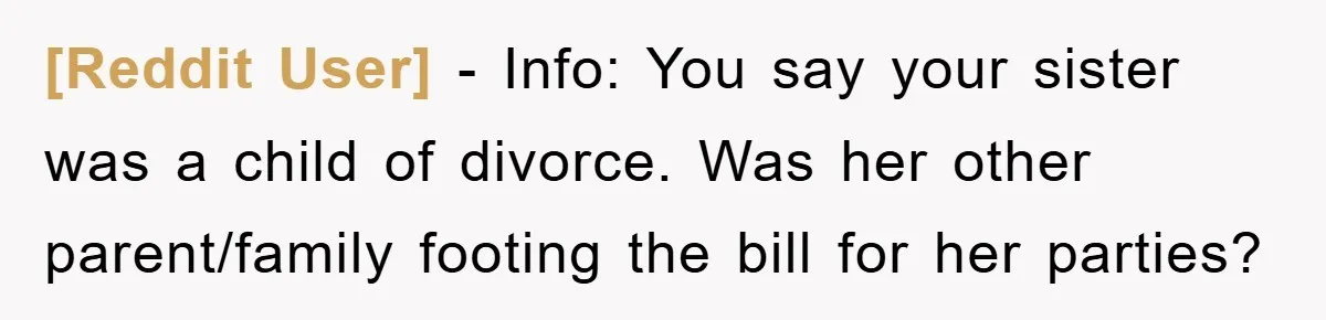 [Reddit User] - Info: You say your sister was a child of divorce. Was her other parent/family footing the bill for her parties?
