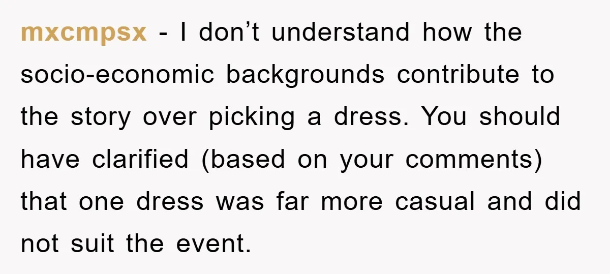 mxcmpsx - I don’t understand how the socio-economic backgrounds contribute to the story over picking a dress. You should have clarified (based on your comments) that one dress was far...