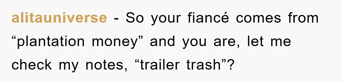 alitauniverse - So your fiancé comes from “plantation money” and you are, let me check my notes, “trailer trash”?
