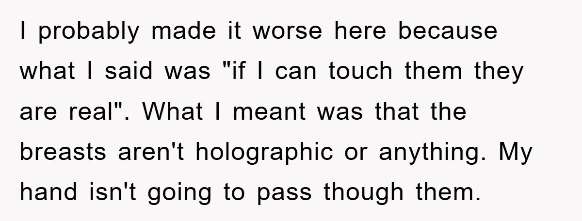 I probably made it worse here because what I said was "if I can touch them they are real". What I meant was that the breasts aren't holographic or anything....