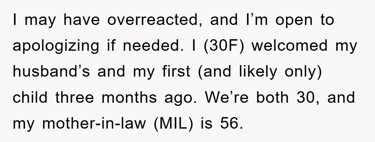 I may have overreacted, and I’m open to apologizing if needed. I (30F) welcomed my husband’s and my first (and likely only) child three months ago. We’re both 30, and...