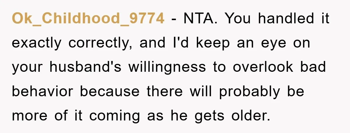 Ok_Childhood_9774 − NTA. You handled it exactly correctly, and I'd keep an eye on your husband's willingness to overlook bad behavior because there will probably be more of it coming...